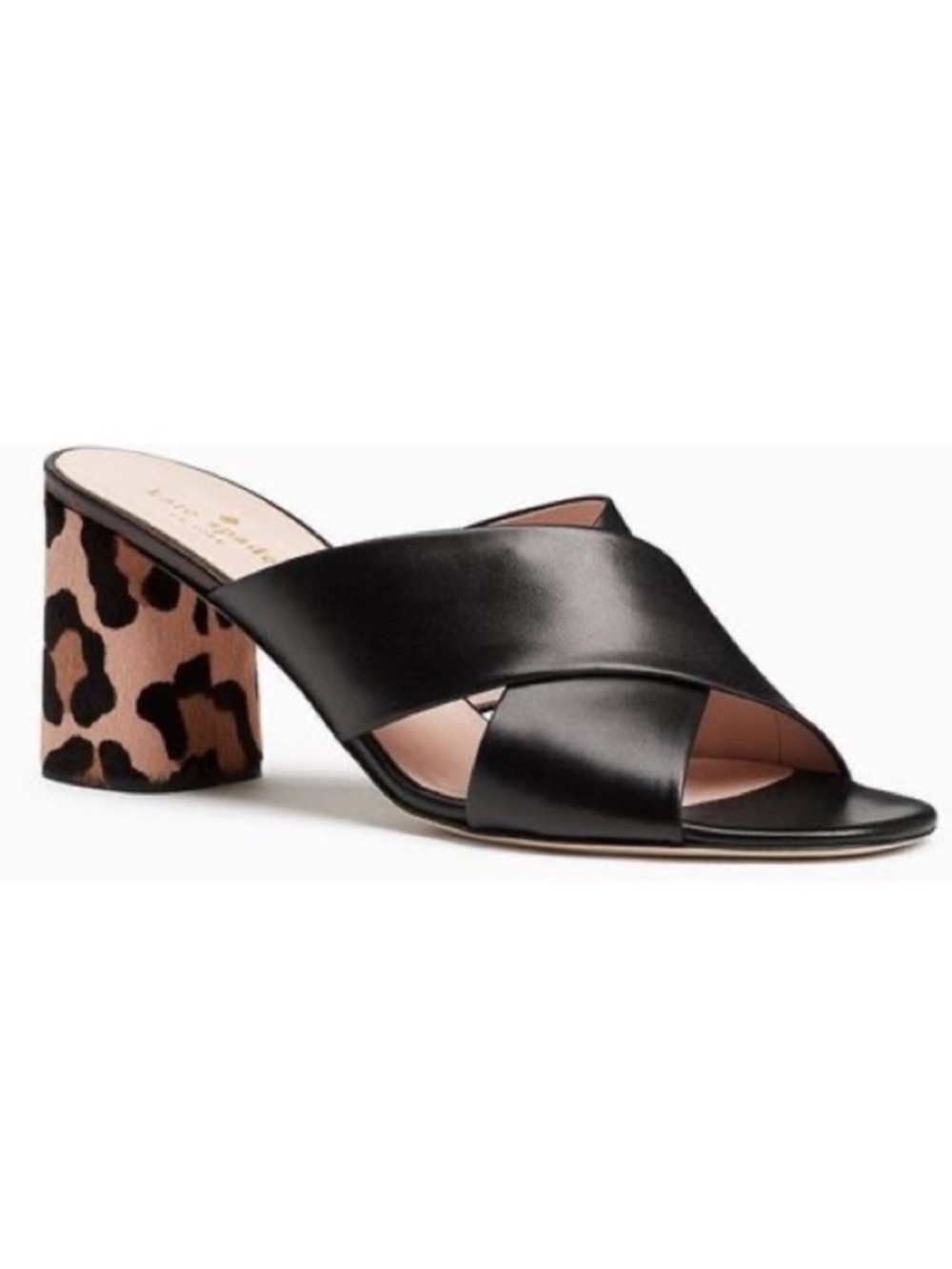 Kate Spade Denault Black Leather Leopard Criss-Cross Sandals Block Heel Size 10
